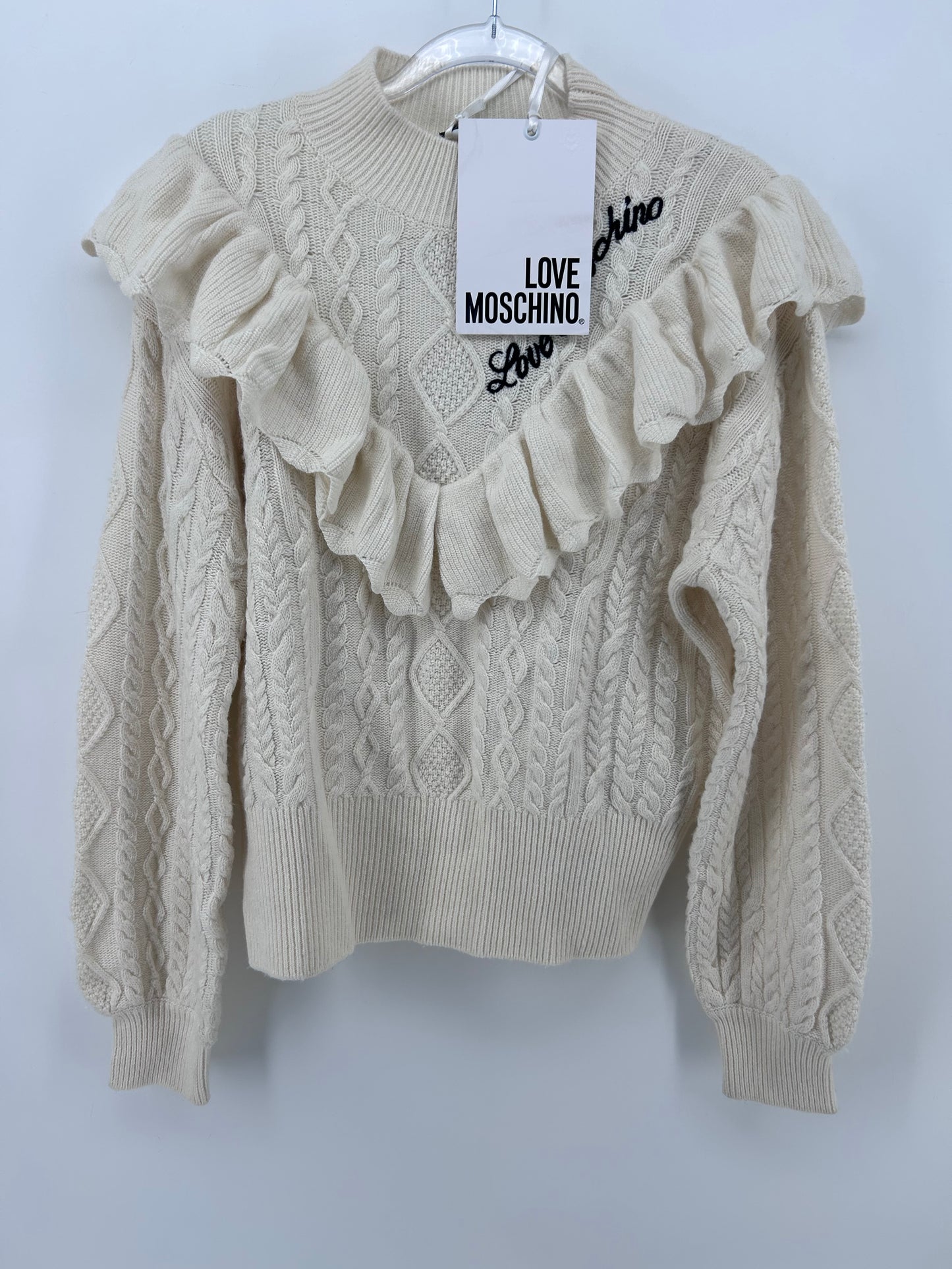 Love Moschino Cream Cable Knit Ruffle Sweater Sz 6 NWT Ivory Italy Designer